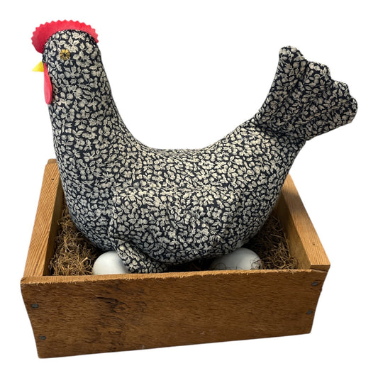 Vintage Handmade Fabric Hen in Wooden Nesting Box – Country Farmhouse Decor – Stuffed Chicken with Eggs