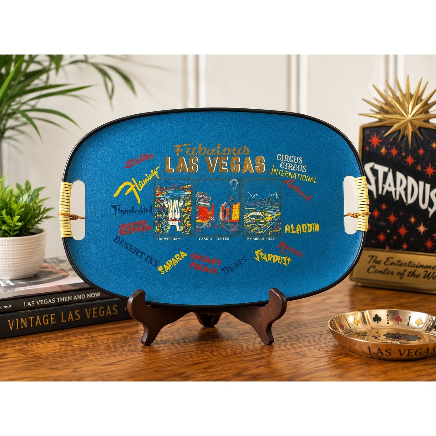 Vintage Las Vegas Souvenir Serving Tray Mid Century Casino Flamingo Caesars Palace 18x11
