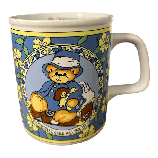 Lucy & Me Thursdays Child Ceramic Mug 1996 Teddy Bear Design Blue Yellow Flower Accent 3.5" X 3" Made In Korea