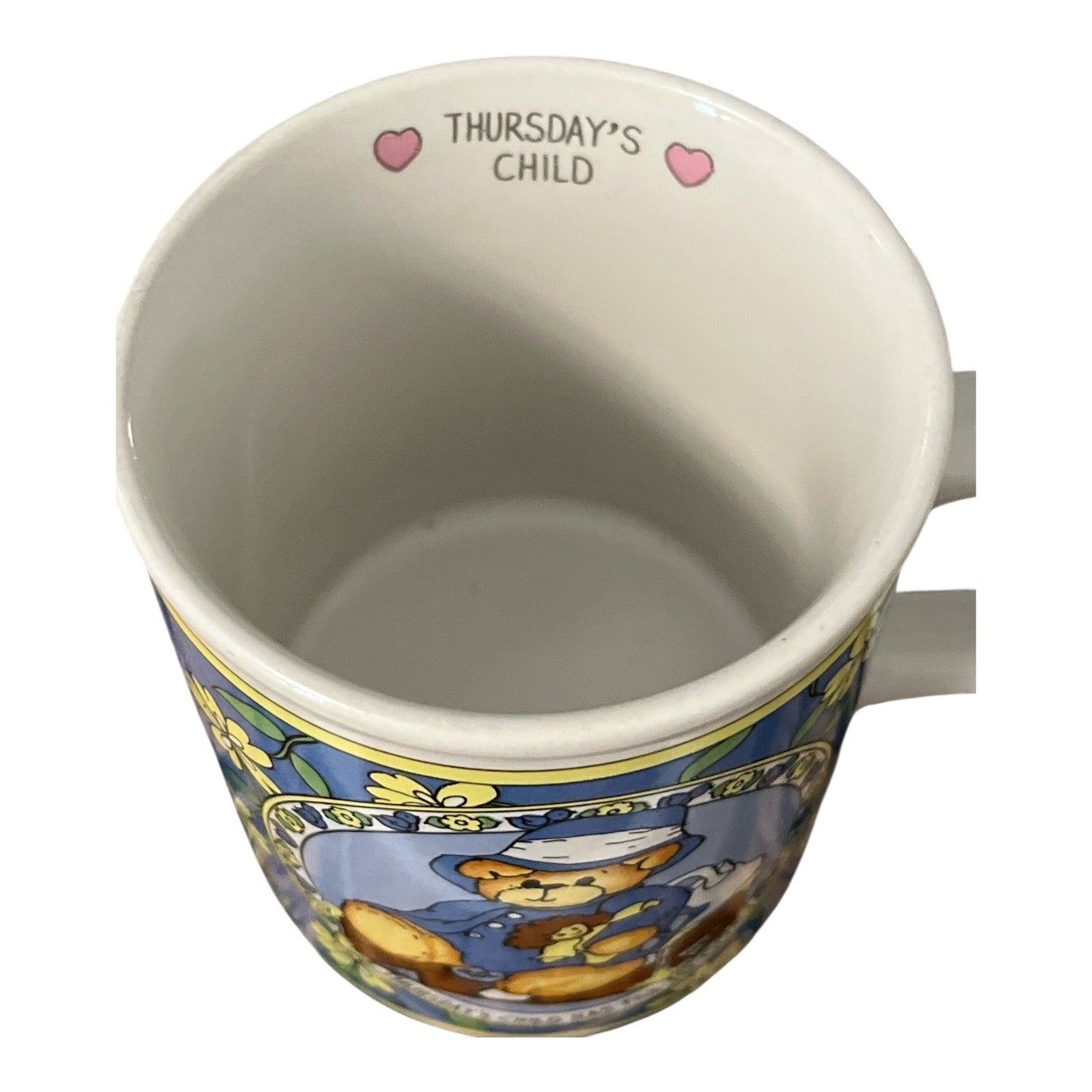Lucy & Me Thursdays Child Ceramic Mug 1996 Teddy Bear Design Blue Yellow Flower Accent 3.5" X 3" Made In Korea
