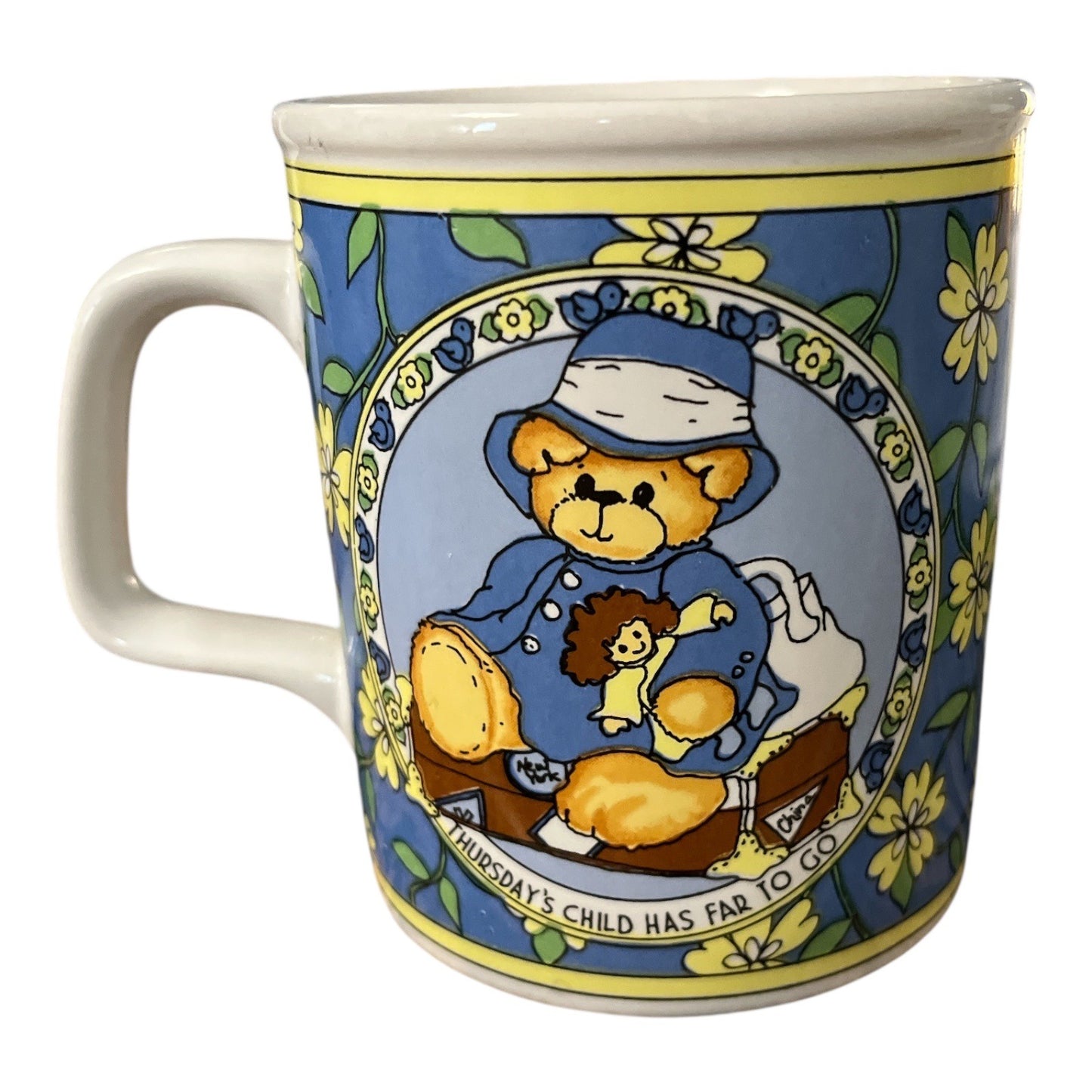 Lucy & Me Thursdays Child Ceramic Mug 1996 Teddy Bear Design Blue Yellow Flower Accent 3.5" X 3" Made In Korea