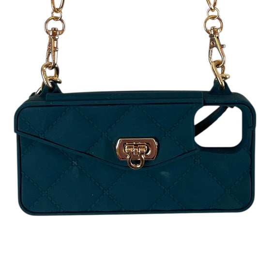 Quilted Silicone iPhone Crossbody Phone Purse Teal Gold Chain Case