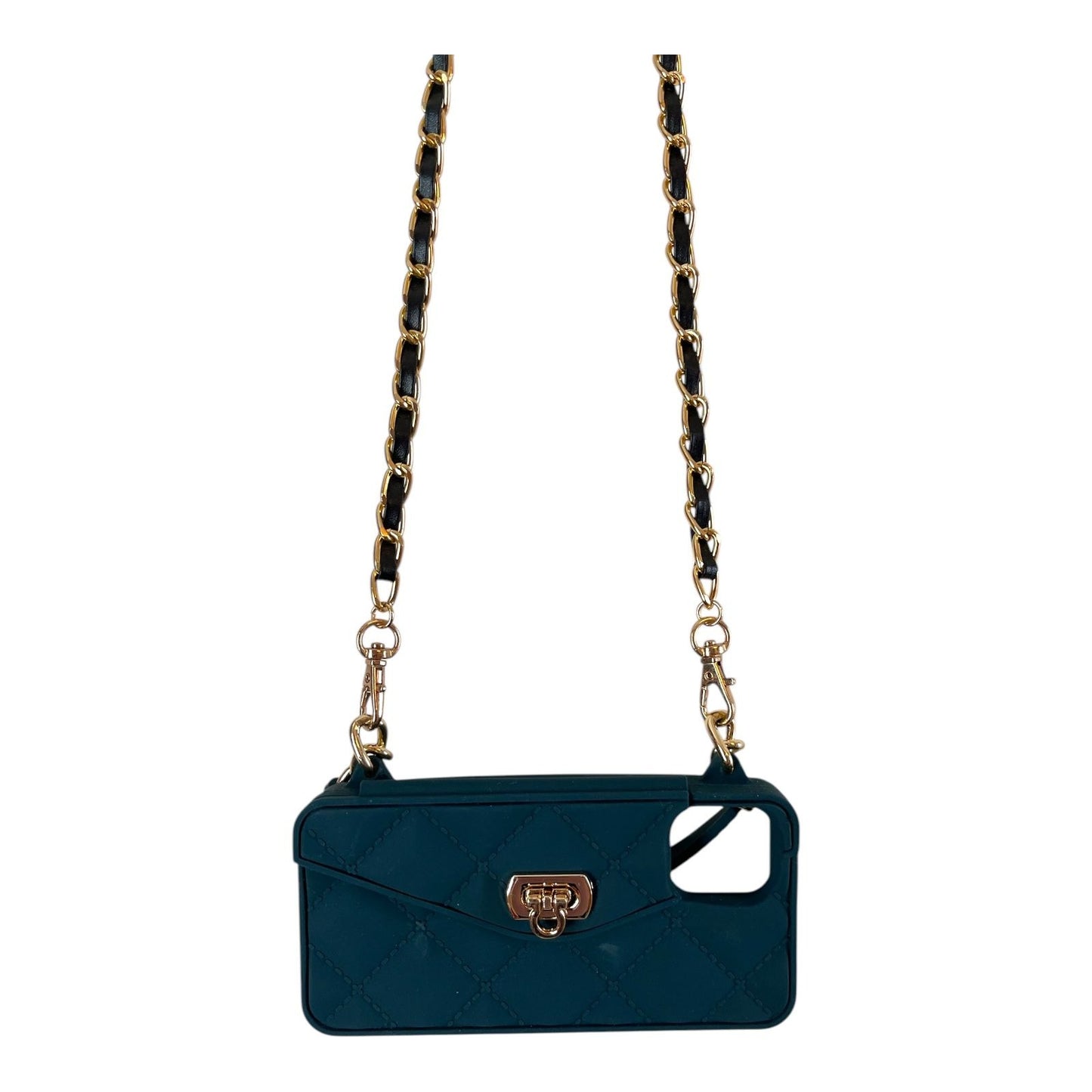 Quilted Silicone iPhone Crossbody Phone Purse Teal Gold Chain Case