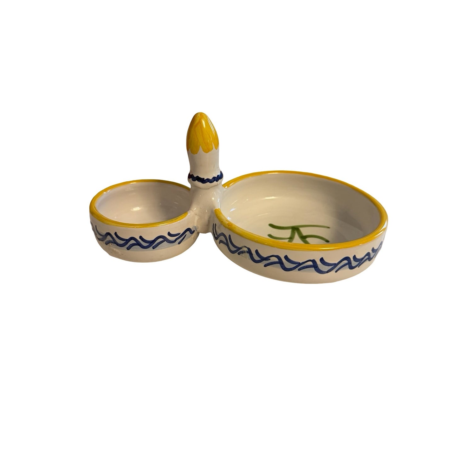 Vintage Spanish Hand Painted Ceramic Olive Serving Dish Pit Bowl Toothpick Holder