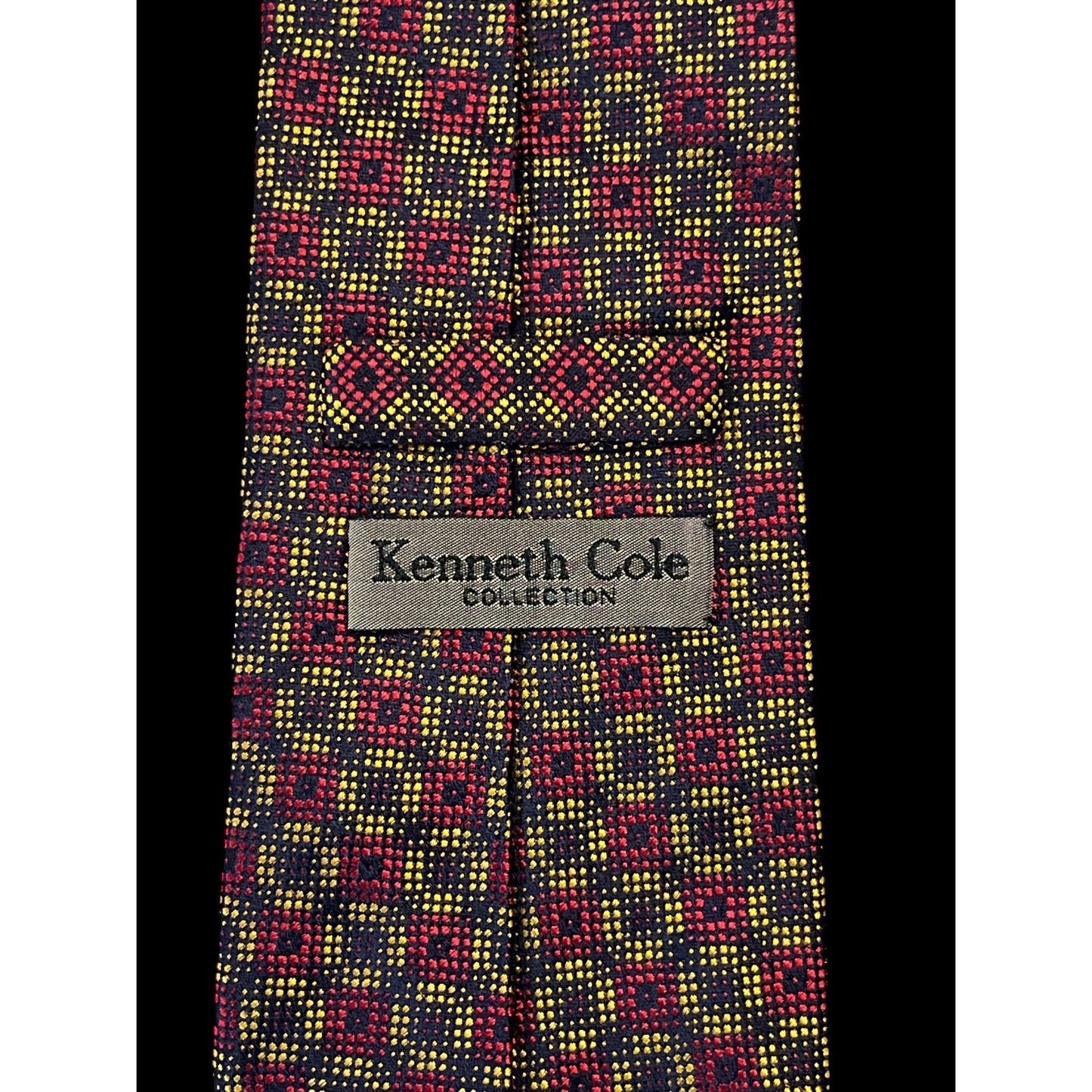 Vintage Kenneth Cole Collection Men’s Silk Tie – Red Yellow Geometric Pattern, Made in USA, 54” (1990s–2000s)