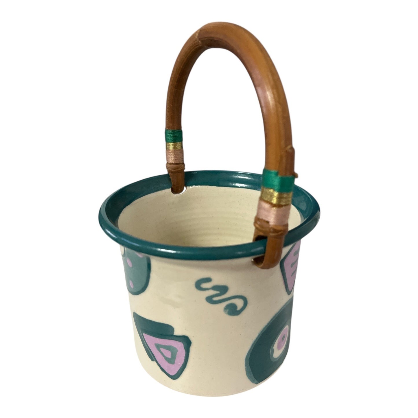 Vintage 1987 Signed Keota Studio Pottery Bucket Vase with Bamboo Handle