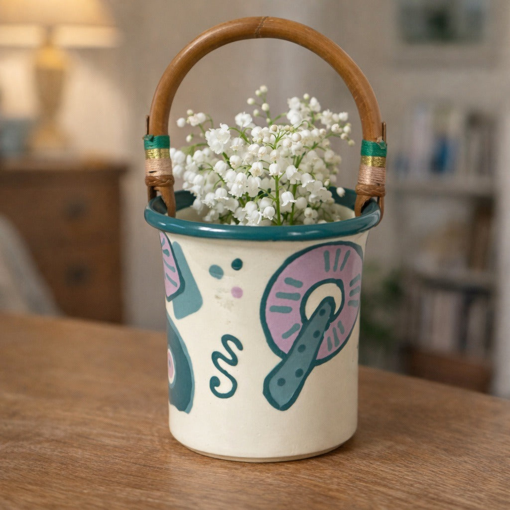 Vintage 1987 Signed Keota Studio Pottery Bucket Vase with Bamboo Handle