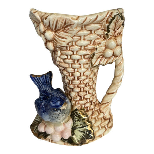 Vintage Norleans Japan Bluebird Basket Weave Bud Vase Grapes Ceramic Cottage Decor