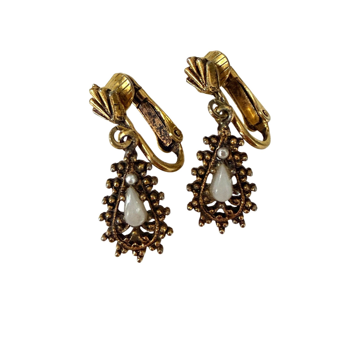 Vintage Victorian Revival Filigree Clip On Earrings Gold Tone White Teardrop 1 Inch