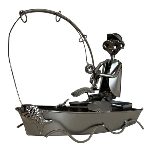 Vintage Metal Fisherman Boat Sculpture Folk Art Nautical Den Decor