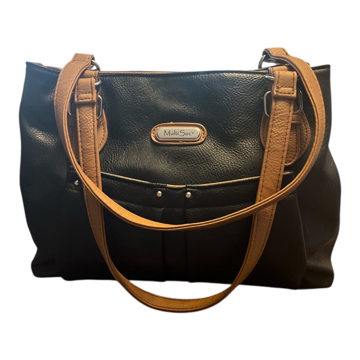MultiSac Black & Brown Faux Leather Tote Bag Shoulder Purse Multi Pocket Handbag