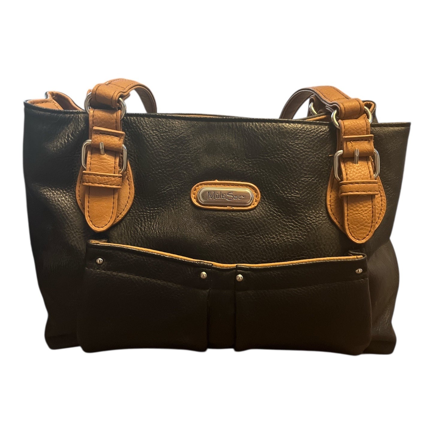MultiSac Black & Brown Faux Leather Tote Bag Shoulder Purse Multi Pocket Handbag