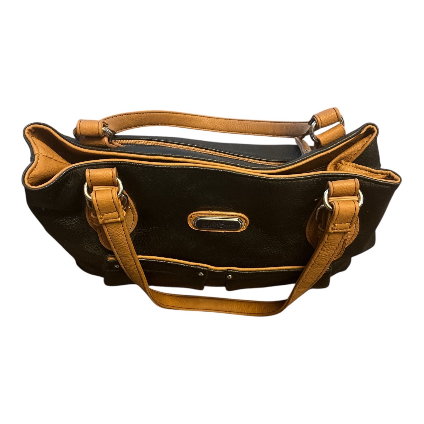 MultiSac Black & Brown Faux Leather Tote Bag Shoulder Purse Multi Pocket Handbag