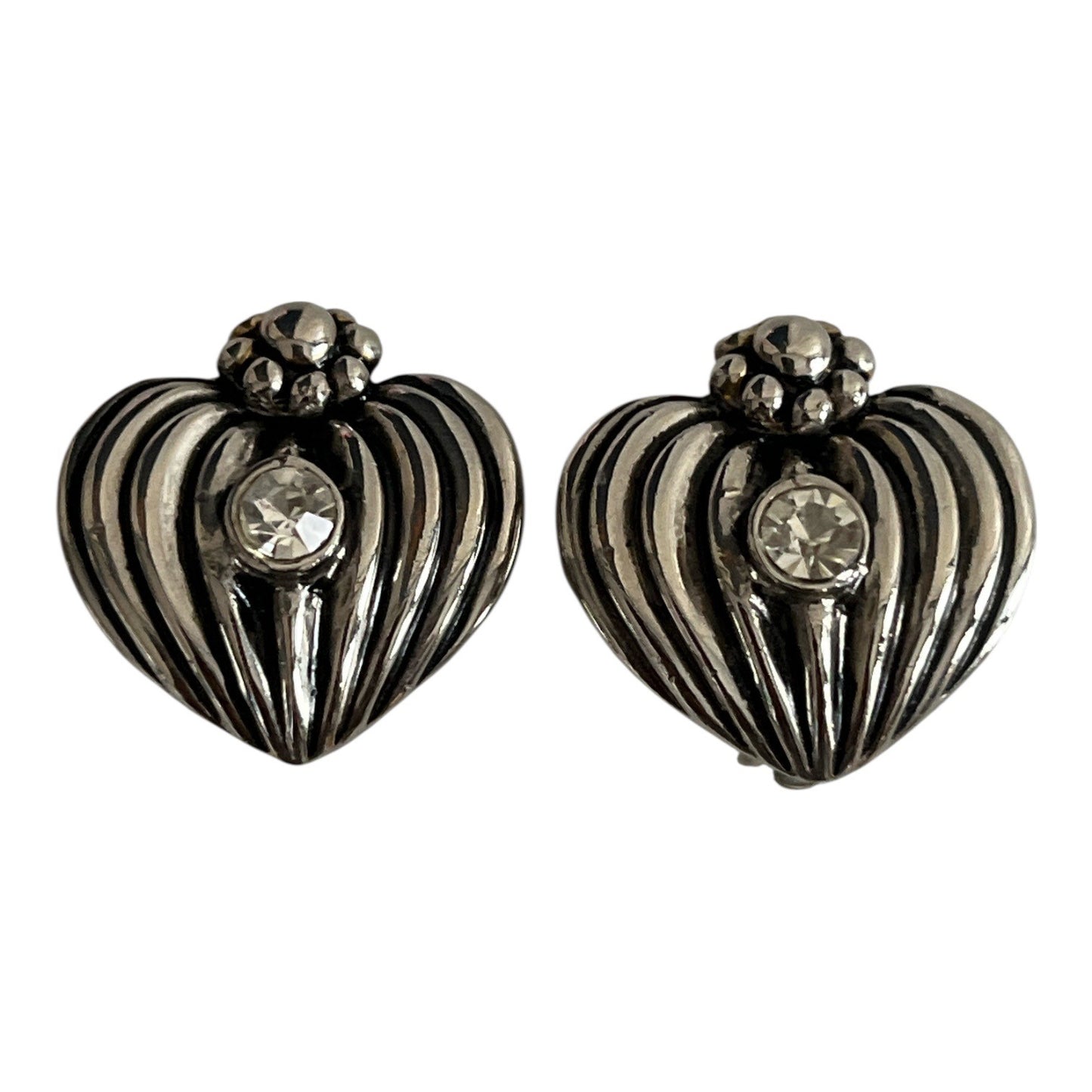 Vintage Ribbed Heart Rhinestone Clip On Earrings Silver Tone Romantic Jewelry