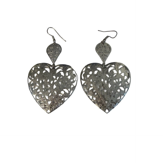 Silver Tone Metal Filigree Heart Dangle Earrings Floral Openwork Statement 2.5"