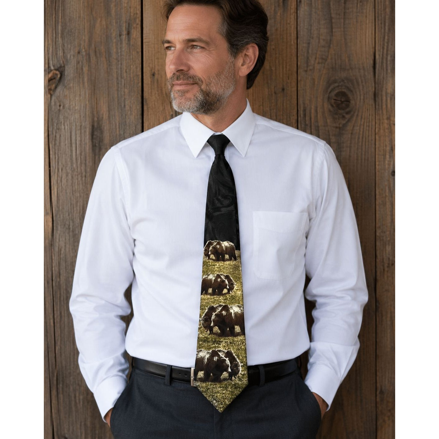 Fratello Handmade Bear Necktie Wildlife Animal Print Black Polyester Tie Korea