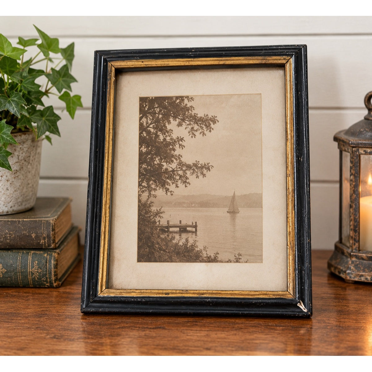 Antique Ebonized Wood Picture Frame Black Gold Gilt Glass 15" x 12" 1920s 1930s