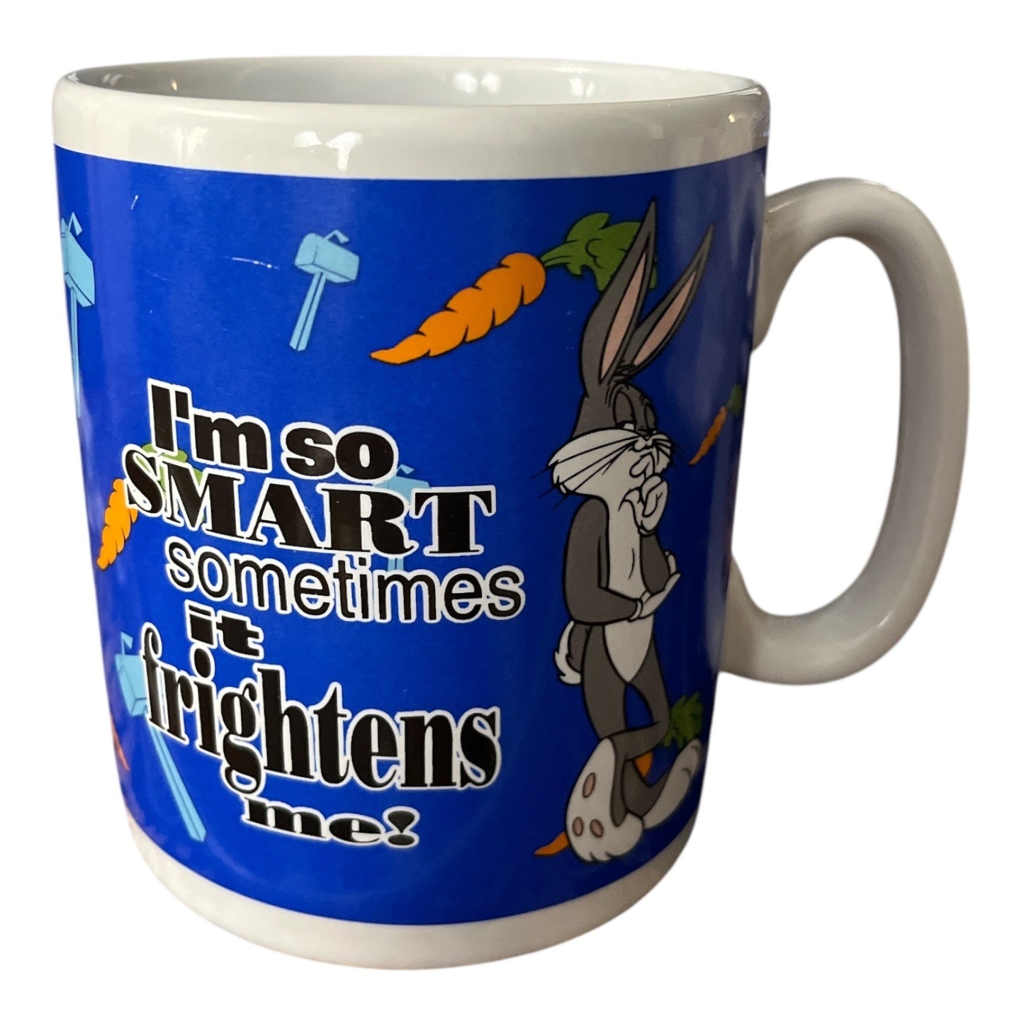Vintage 1995 Warner Bros Bugs Bunny Mug – “I’m So Smart Sometimes It Frightens Me” – 5 x 4”
