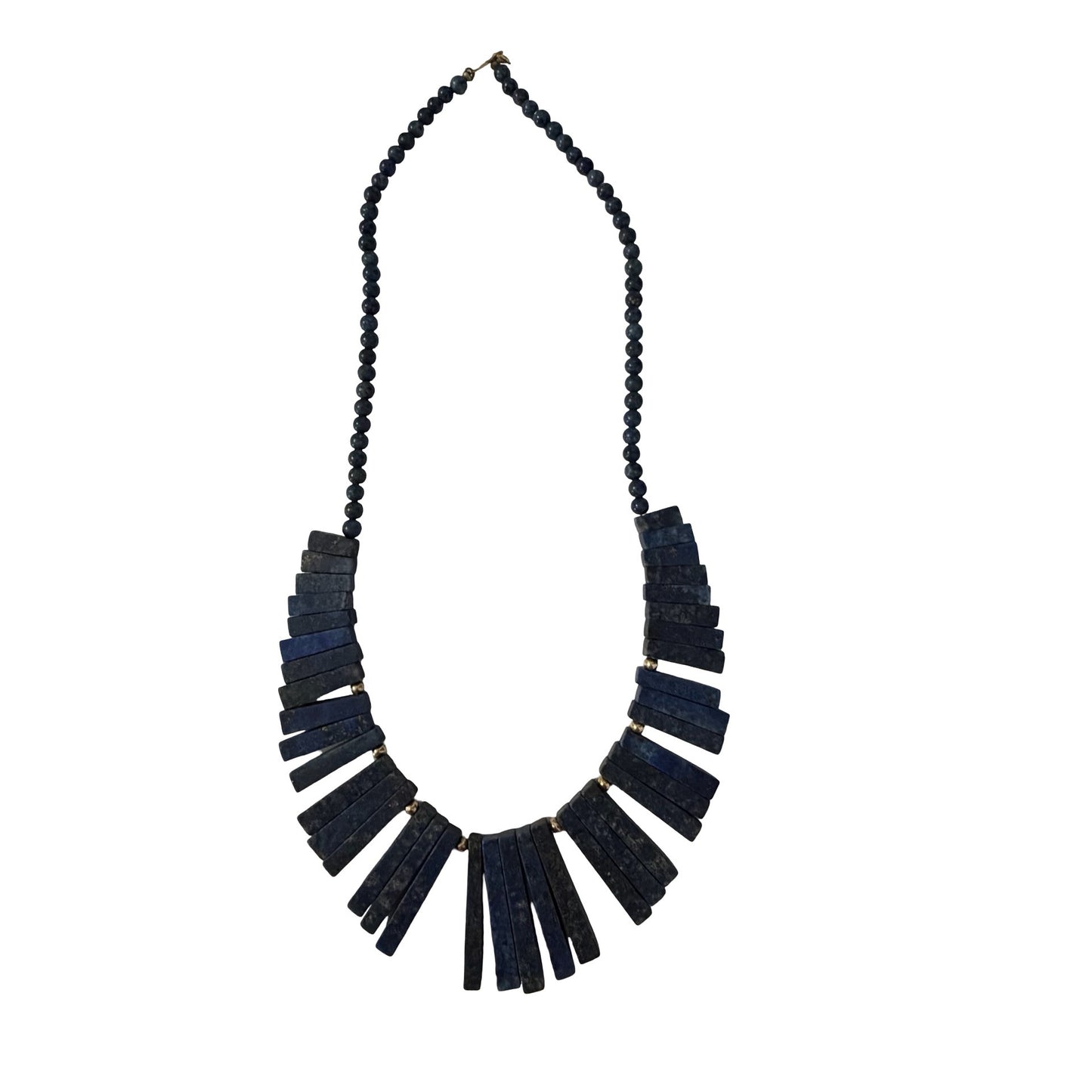 Vintage Lapis Lazuli Graduated Stick Necklace 14K Gold Filled Clasp Statement Fringe 14 Inch