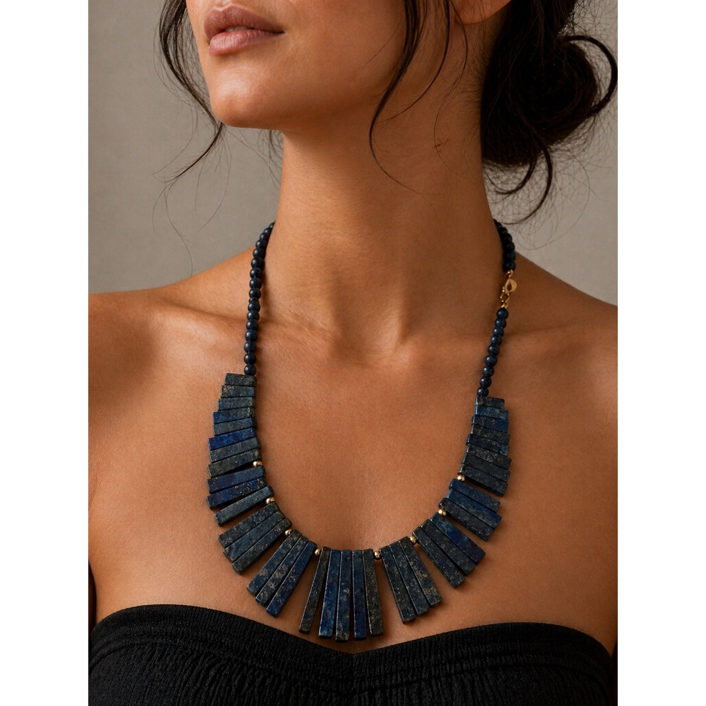 Vintage Lapis Lazuli Graduated Stick Necklace 14K Gold Filled Clasp Statement Fringe 14 Inch