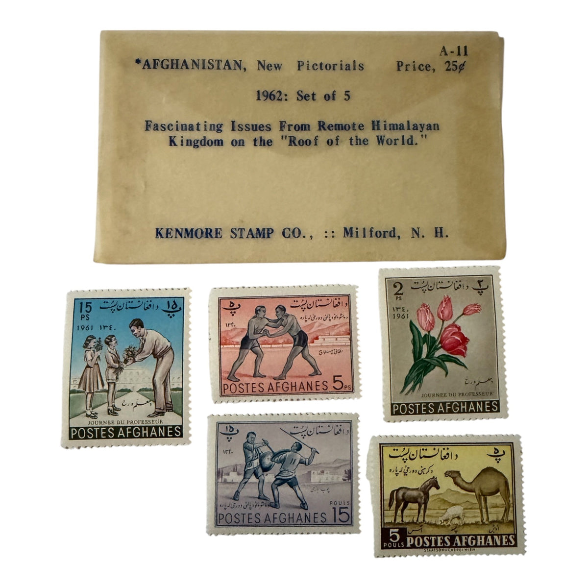 Vintage 1961 Afghanistan Postage Stamps Set of 5 Kenmore Original Envelope