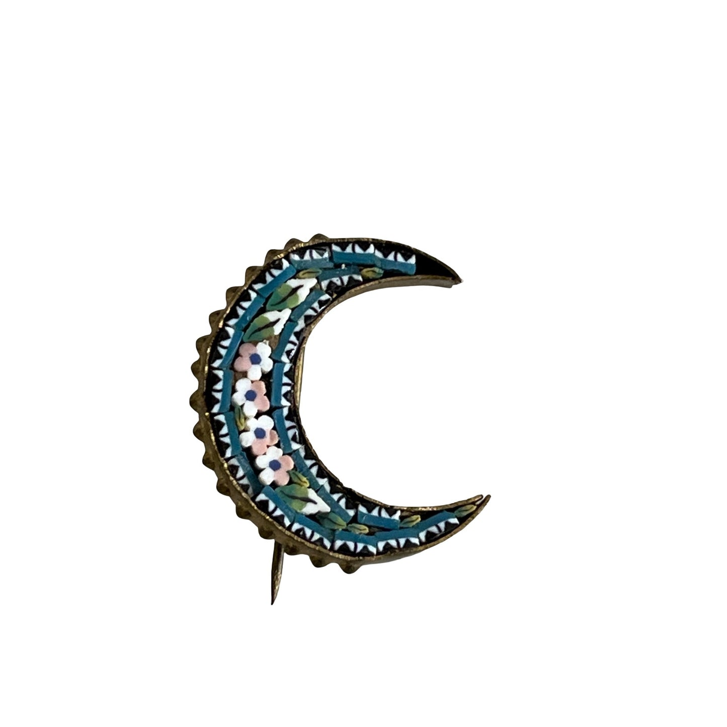 Vintage Micro Mosaic Crescent Moon Brooch Floral Inlay Italy Style 1 Inch