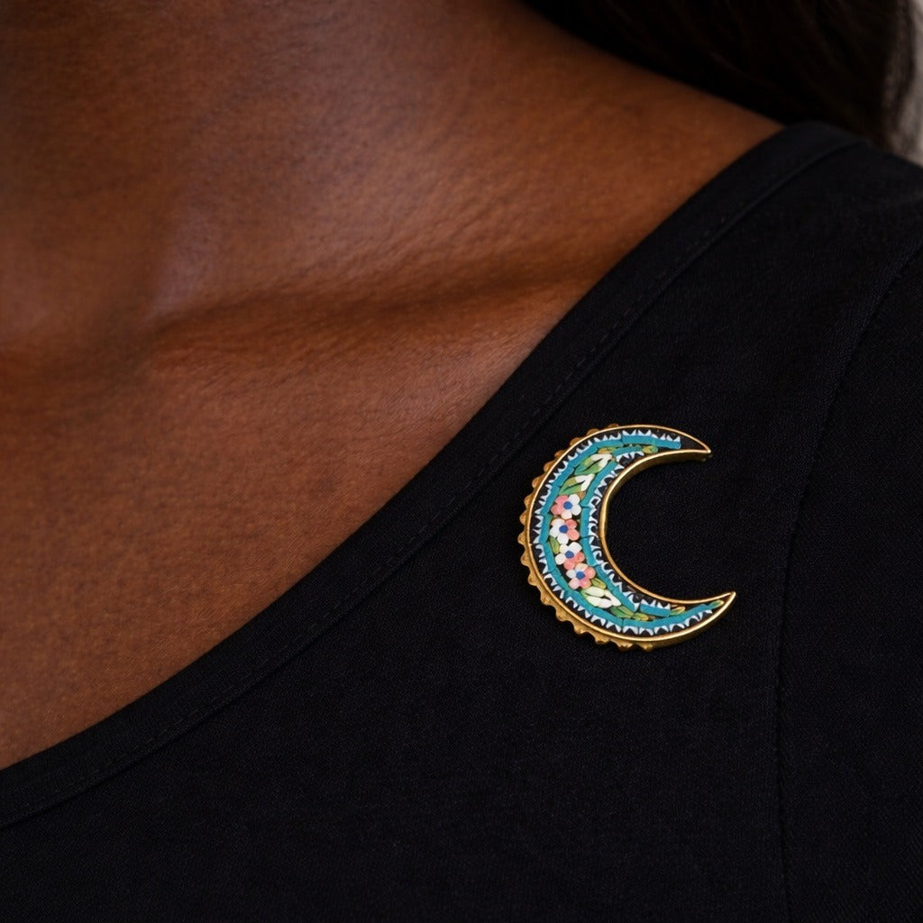 Vintage Micro Mosaic Crescent Moon Brooch Floral Inlay Italy Style 1 Inch