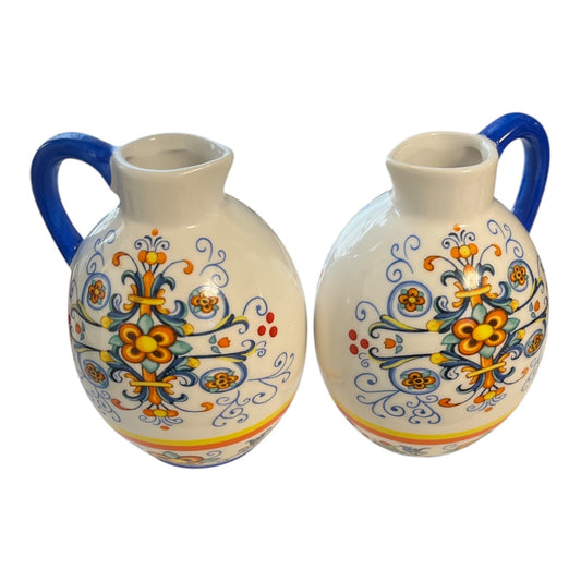 Set of 2 Ceramic Cruets – LTD Commodities – Italian-Style Floral Design – 4.5" Tall – Blue Handles
