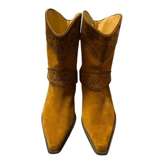 Western-Style Tan Suede Ankle Boots With Intricate Cutout Design & Low Heel Size 10M