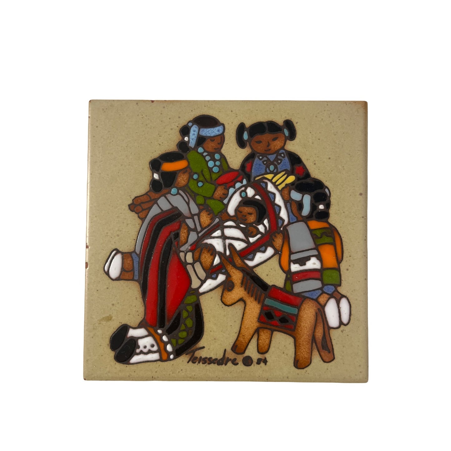 Cleo Teissedre Hand Painted Ceramic Tile Native Family Horse Southwest Art Trivet Wall Decor 6"