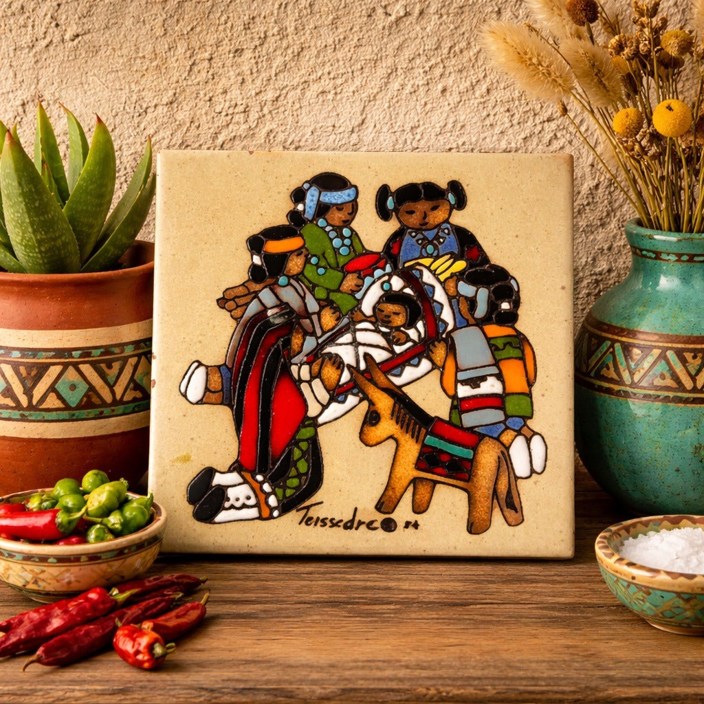 Cleo Teissedre Hand Painted Ceramic Tile Native Family Horse Southwest Art Trivet Wall Decor 6"