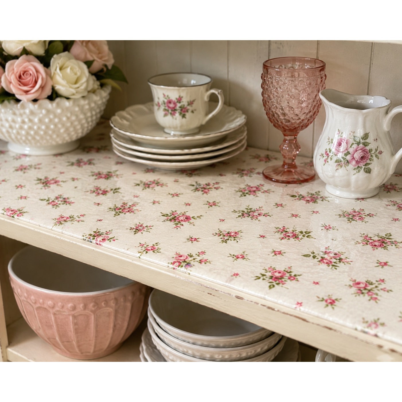 Vintage Floral Padded Shelf Liner Roll Pink Rose Drawer Cabinet Liner 17.5" Wide