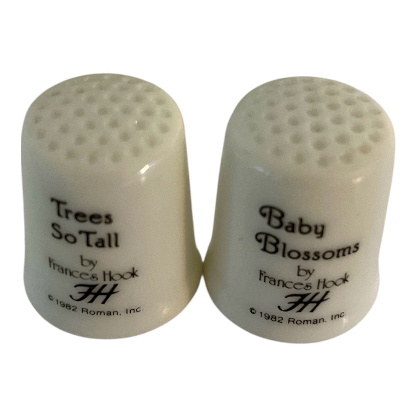 Vintage Frances Hook Porcelain Thimble Set – Baby Blossoms & Trees So Tall – 1982 Roman, Inc.