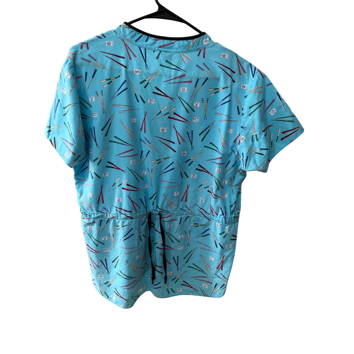 Vintage Early 2000s Dickies Turquoise Chopsticks Print Scrub Top Medium Large
