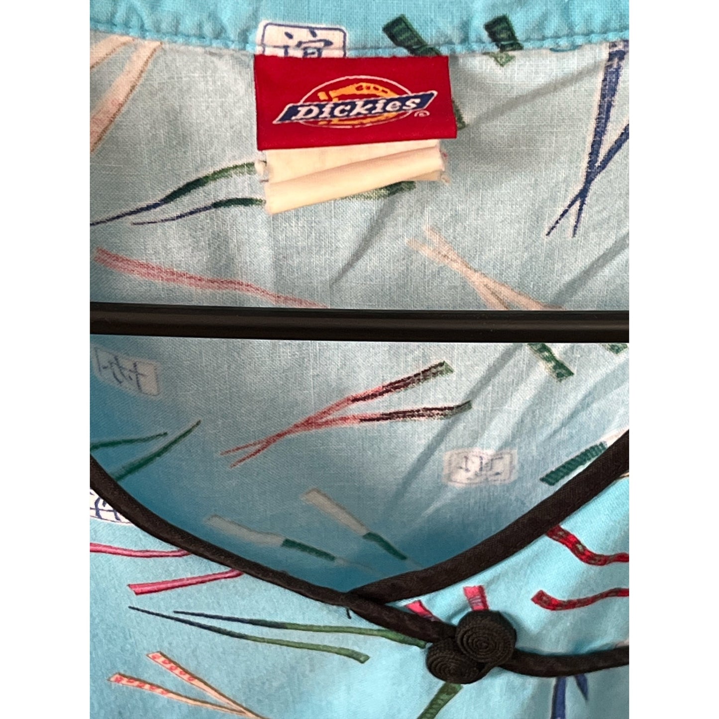Vintage Early 2000s Dickies Turquoise Chopsticks Print Scrub Top Medium Large