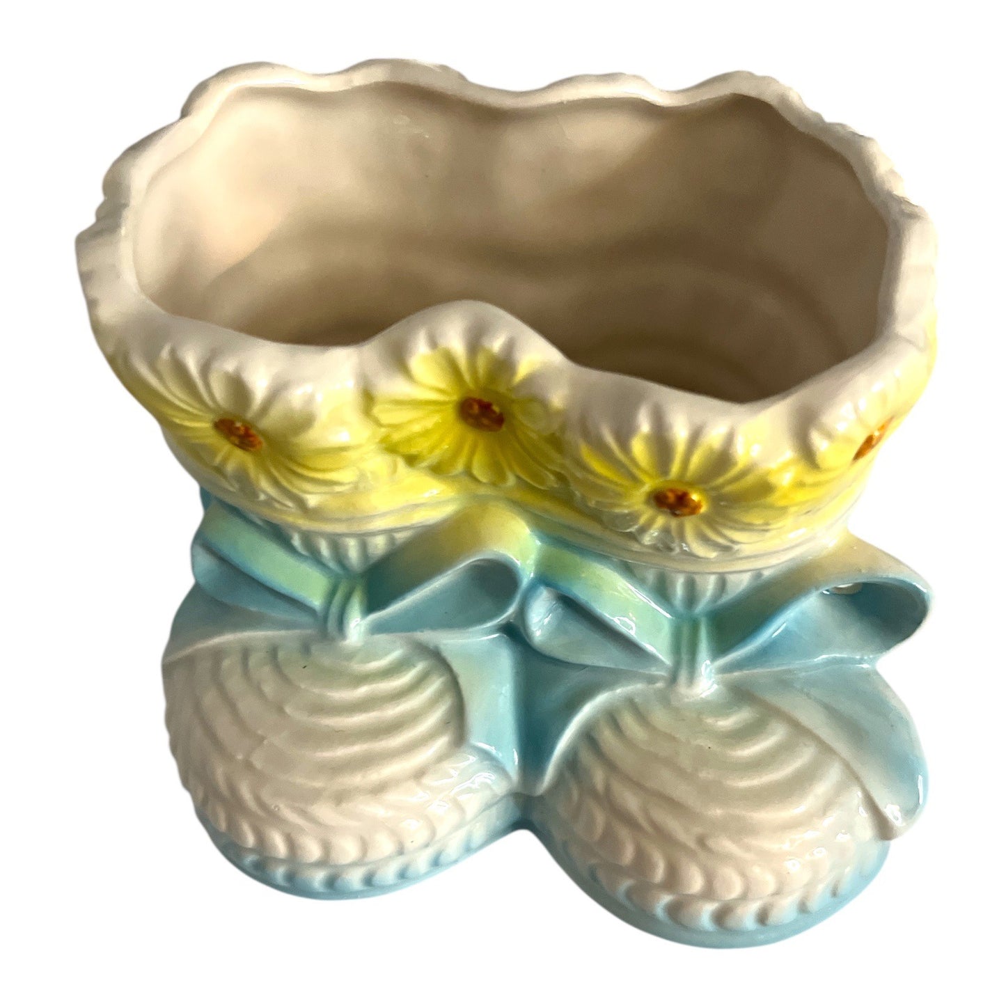 Vintage Japan 302 Baby Booties Planter Yellow Daisy Blue Base Ceramic Vase