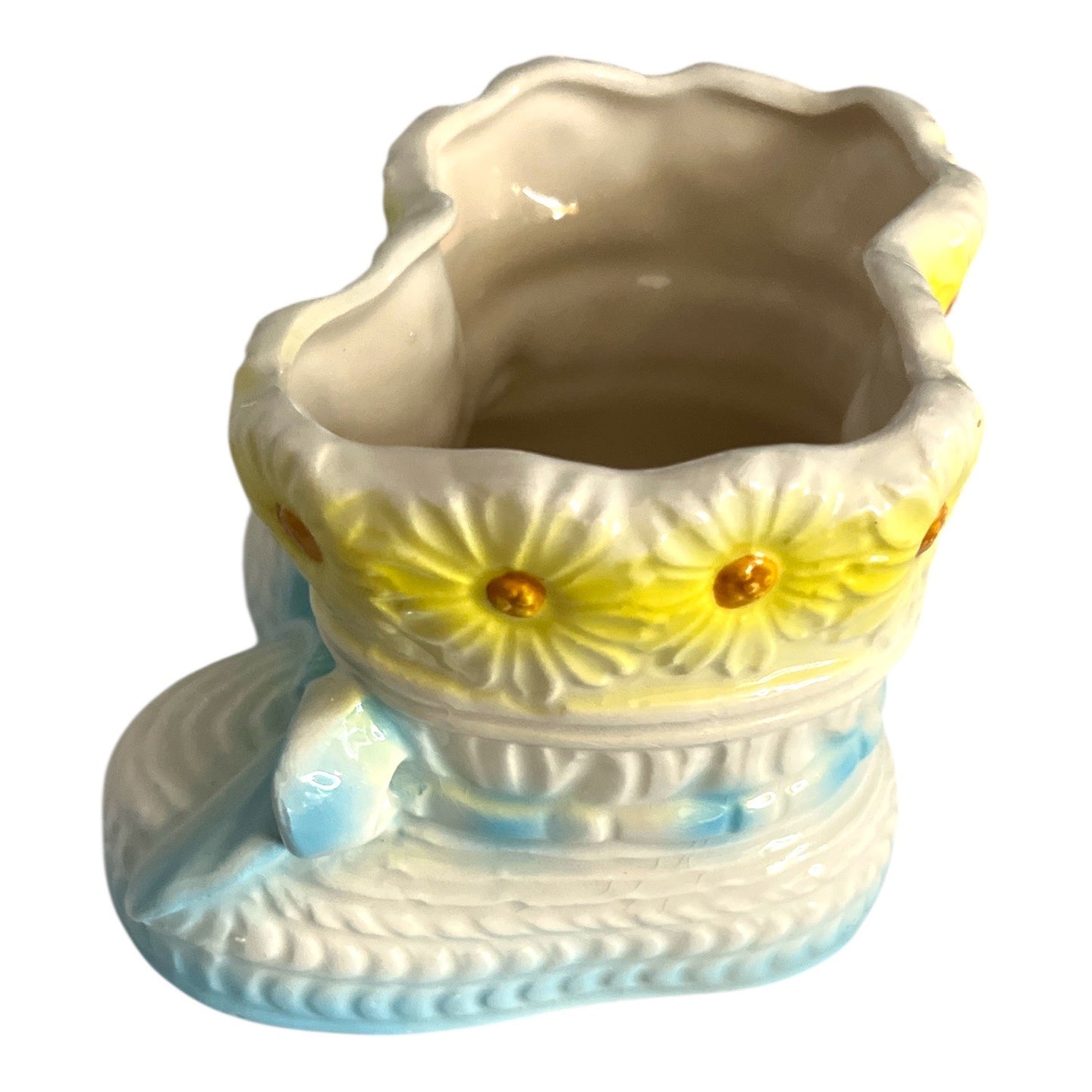 Vintage Japan 302 Baby Booties Planter Yellow Daisy Blue Base Ceramic Vase