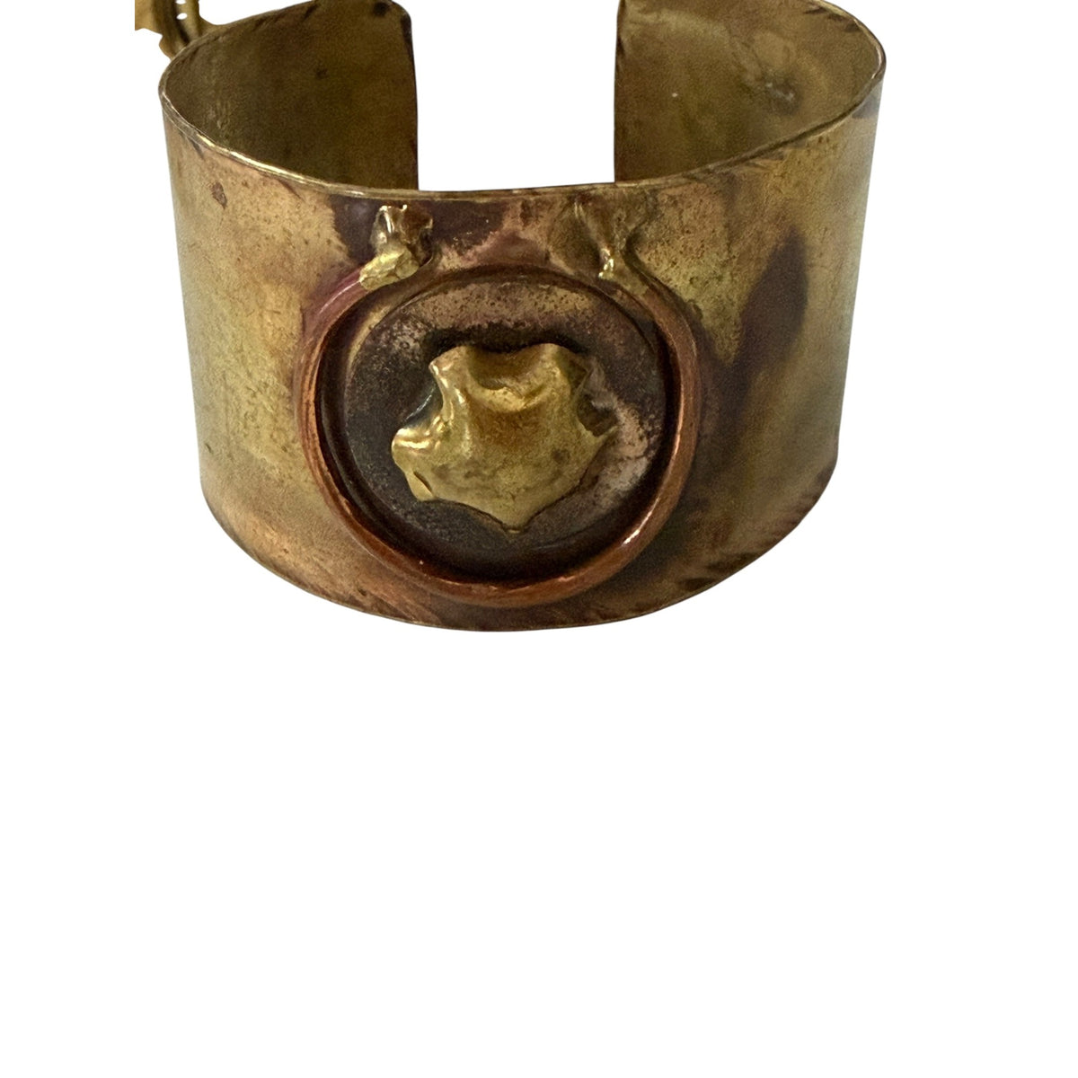 Vintage 1970s Brutalist Brass Copper Mixed Metal Wide Cuff Bracelet Artisan 2.5"