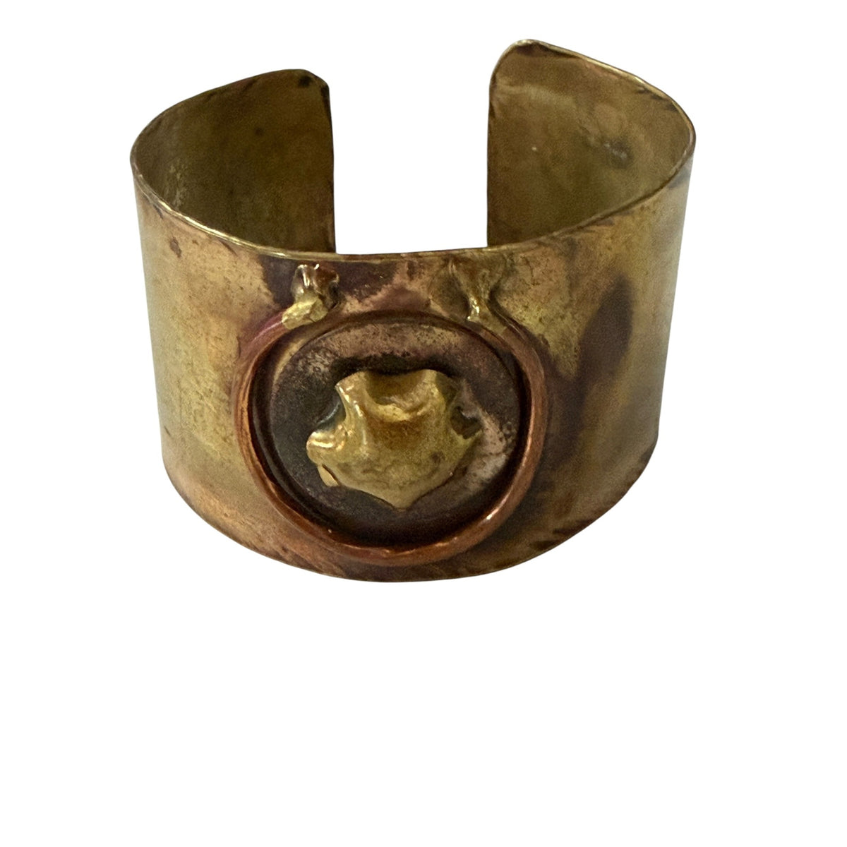 Vintage 1970s Brutalist Brass Copper Mixed Metal Wide Cuff Bracelet Artisan 2.5"