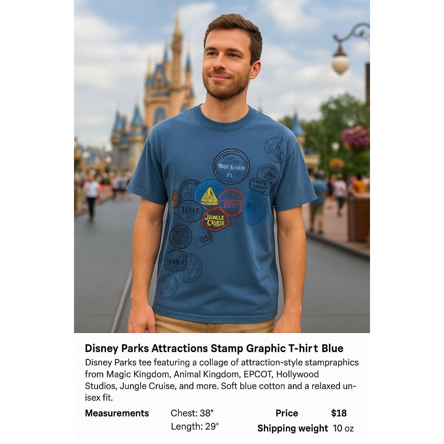 Disney Parks Attractions Stamp Graphic T-Shirt Blue Size L