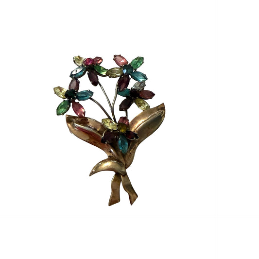 Vintage Czechoslovakia Rhinestone Flower Bouquet Brooch Multicolor Glass Floral Pin
