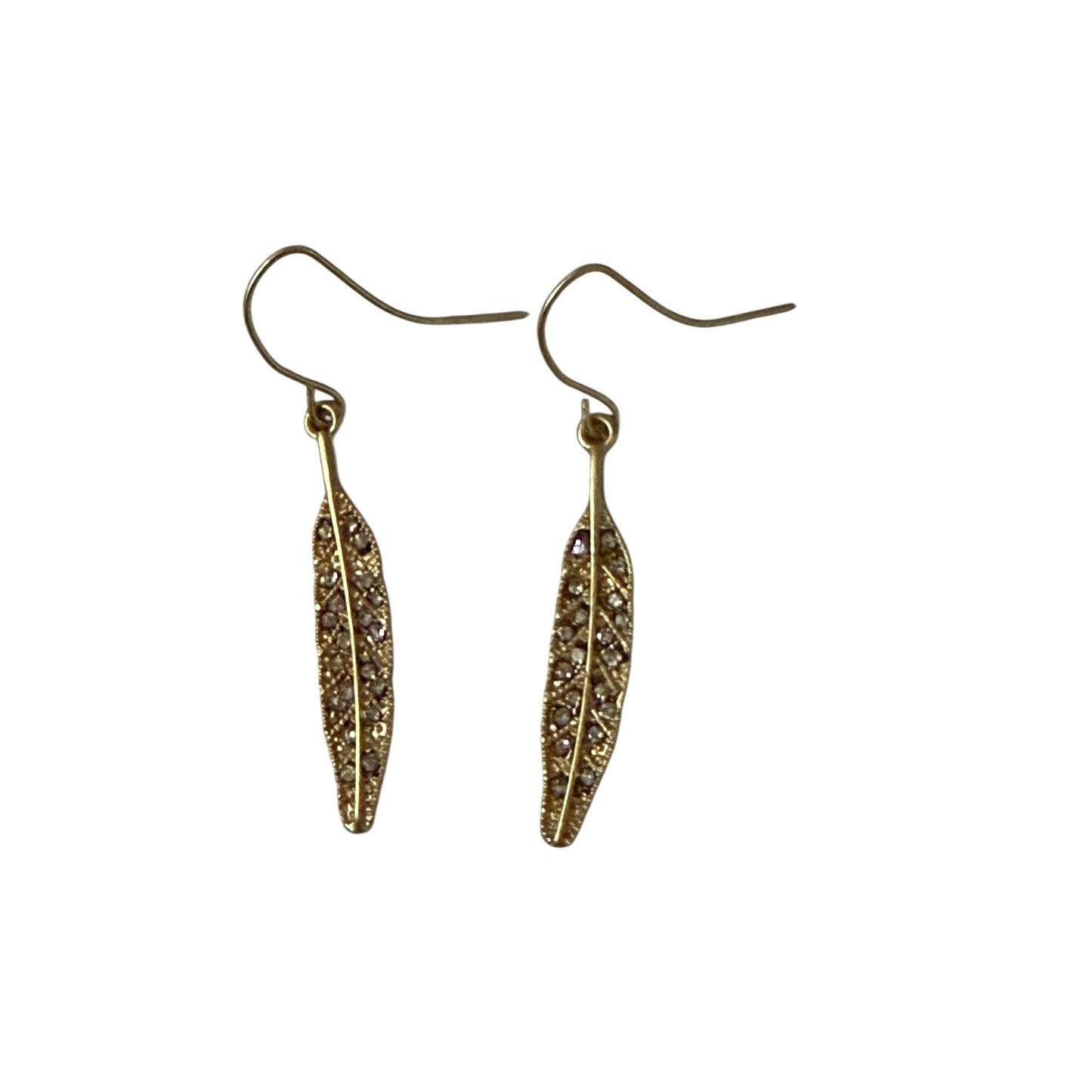 Gold Tone Leaf Dangle Earrings with Rhinestone Accents Delicate Nature Inspired Jewelry