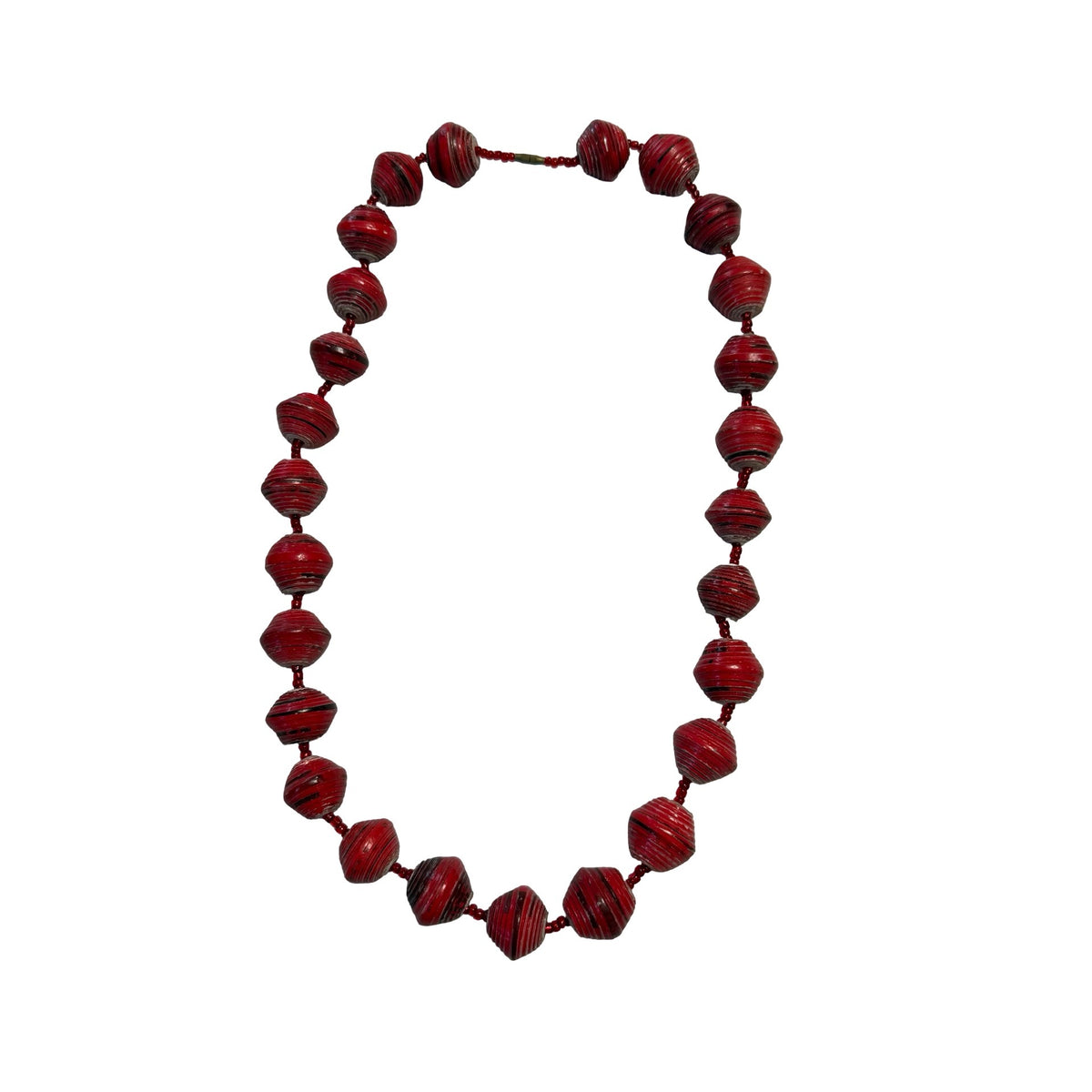 Vintage Red Black Rolled Paper Bead Necklace 27" Handmade Boho Folk Art