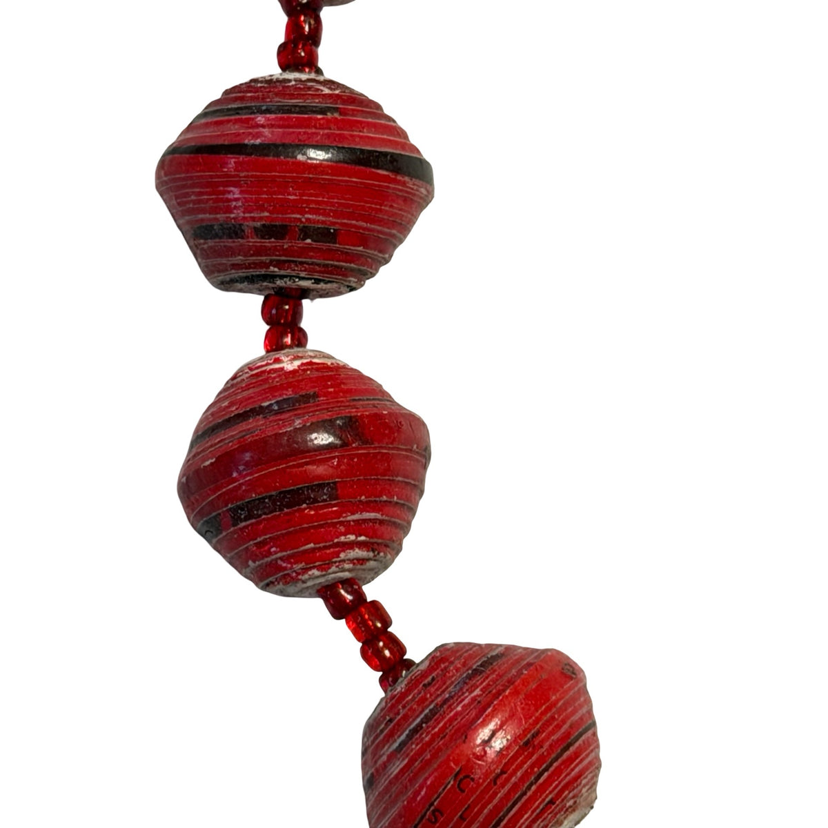 Vintage Red Black Rolled Paper Bead Necklace 27" Handmade Boho Folk Art