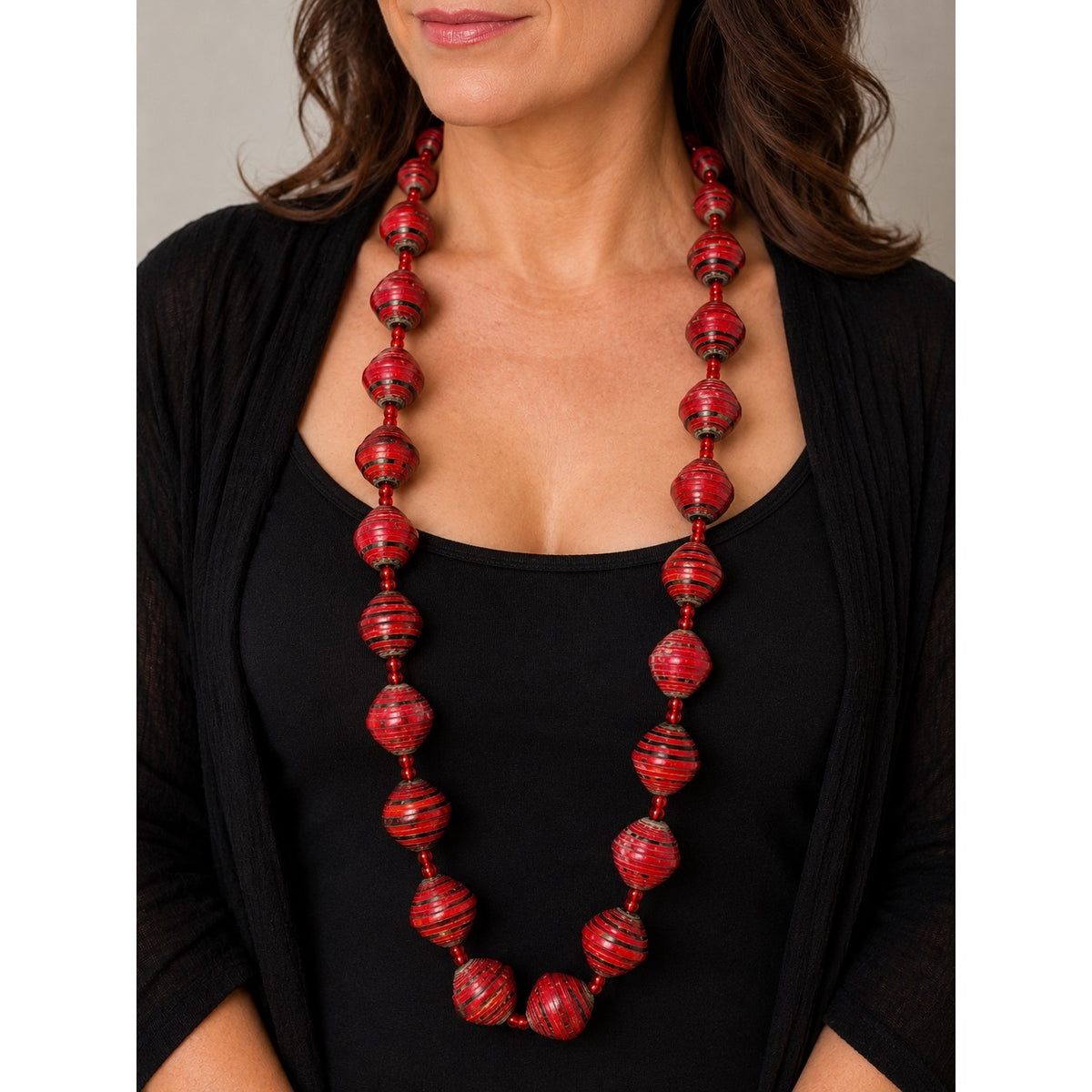 Vintage Red Black Rolled Paper Bead Necklace 27" Handmade Boho Folk Art