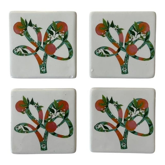 Set of 4 Busch Gardens Home Orange Tree Tile Coasters – Cork Backed Ceramic, 4" Square New