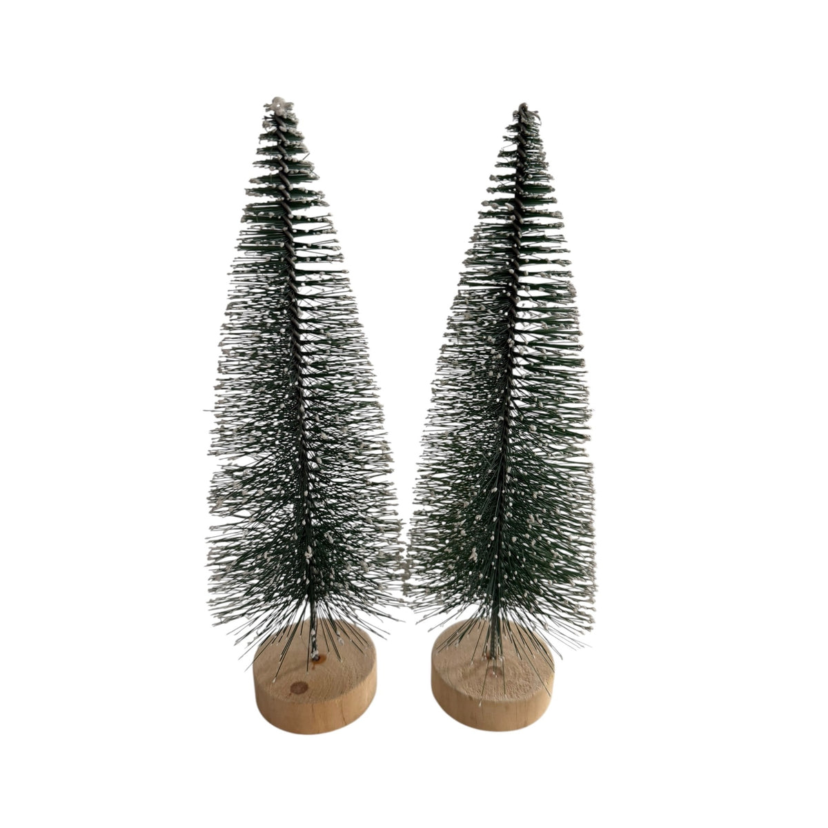 Snowy Bottle Brush Christmas Trees Pair 10 Inch Green Wood Base