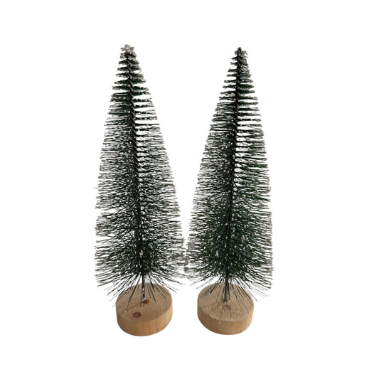 Snowy Bottle Brush Christmas Trees Pair 10 Inch Green Wood Base