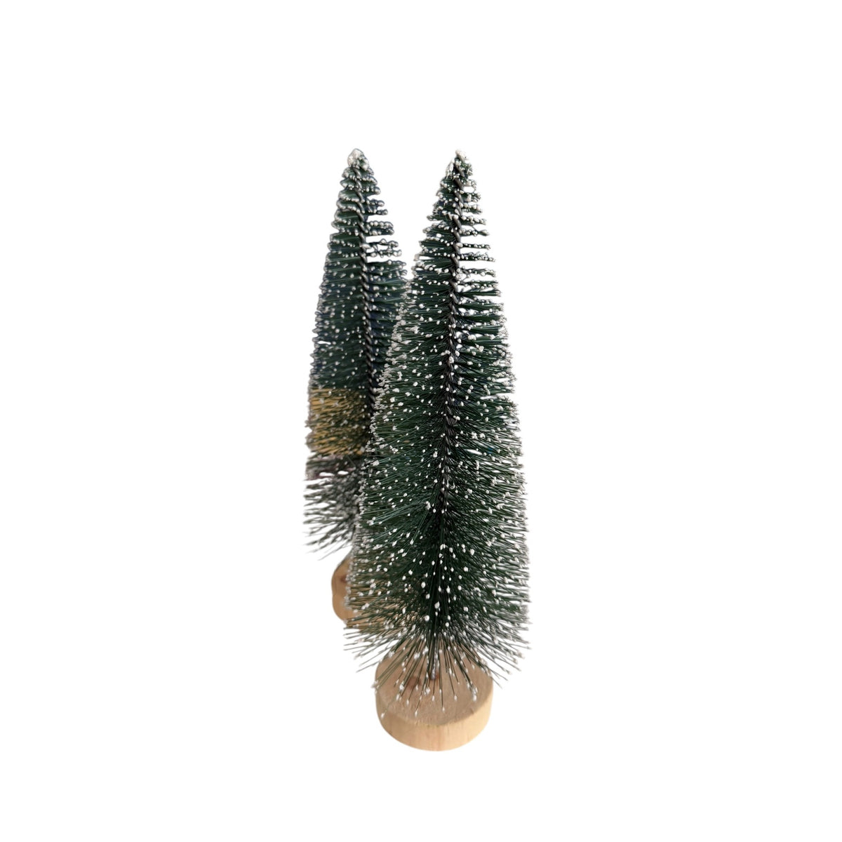 Snowy Bottle Brush Christmas Trees Pair 10 Inch Green Wood Base