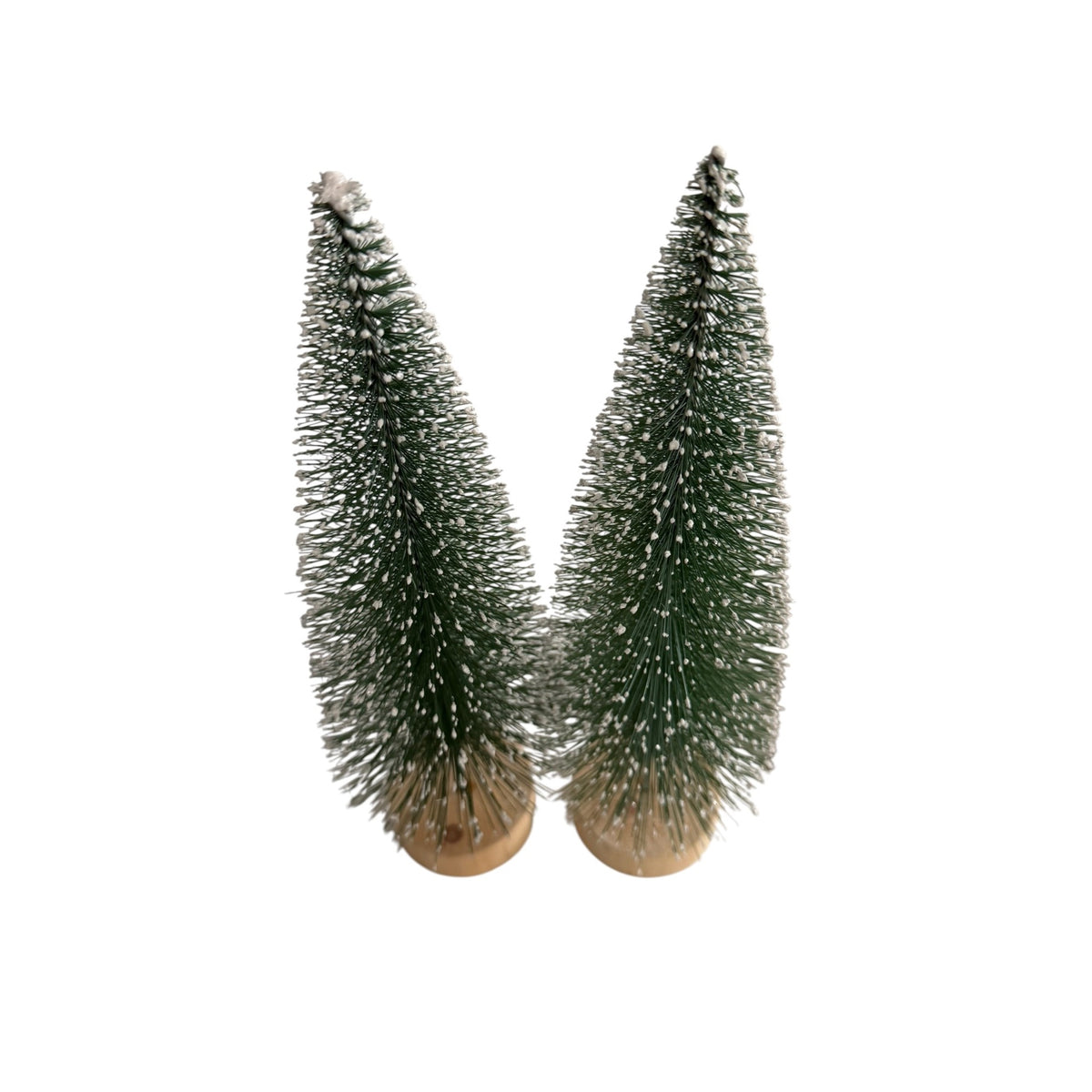 Snowy Bottle Brush Christmas Trees Pair 10 Inch Green Wood Base